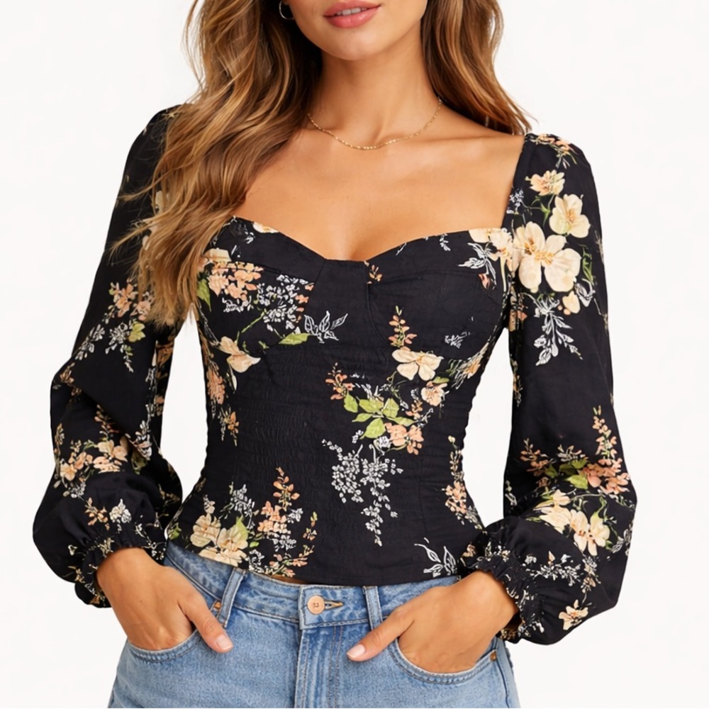 Reformation Floral Smocked Corset Top Puff Sleeve Size 6